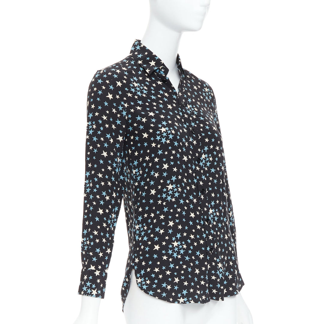 SAINT LAURENT 2016 100% silk blue black white star print shirt FR34 XS