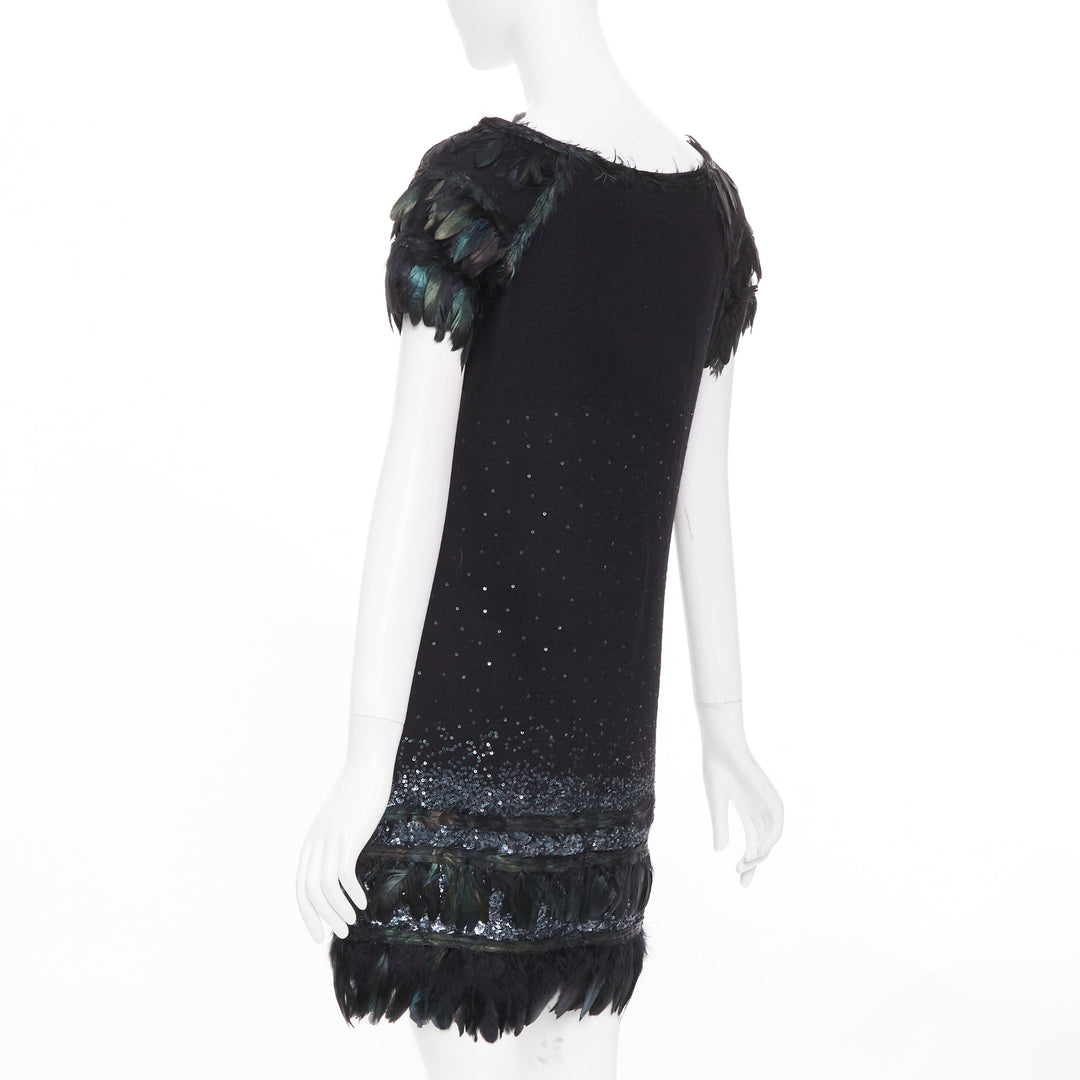 DIANE VON FURSTENBERG black wool iridescent sequin feather hem mini dress S