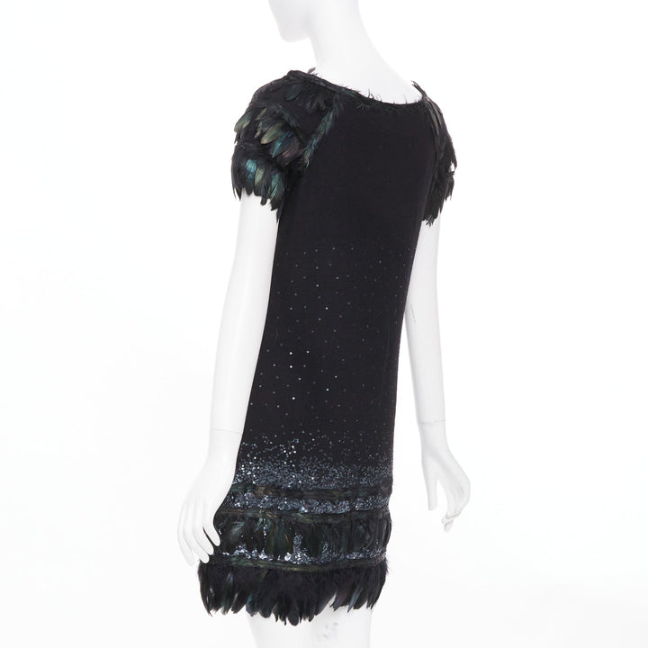 DIANE VON FURSTENBERG black wool iridescent sequin feather hem mini dress S