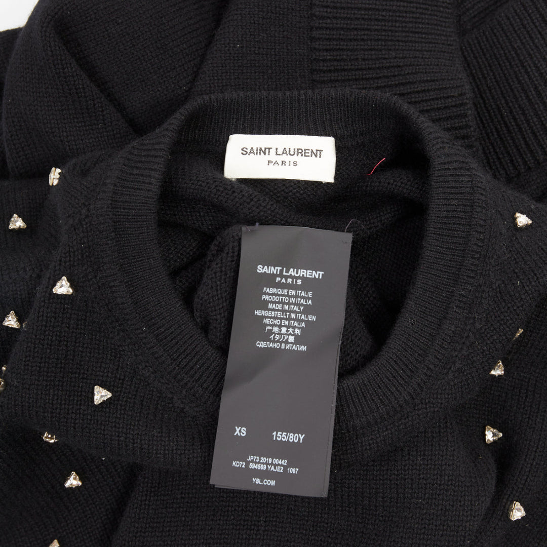 SAINT LAURENT 2019 100% cashmere black clear triangle crystal crew sweater XS