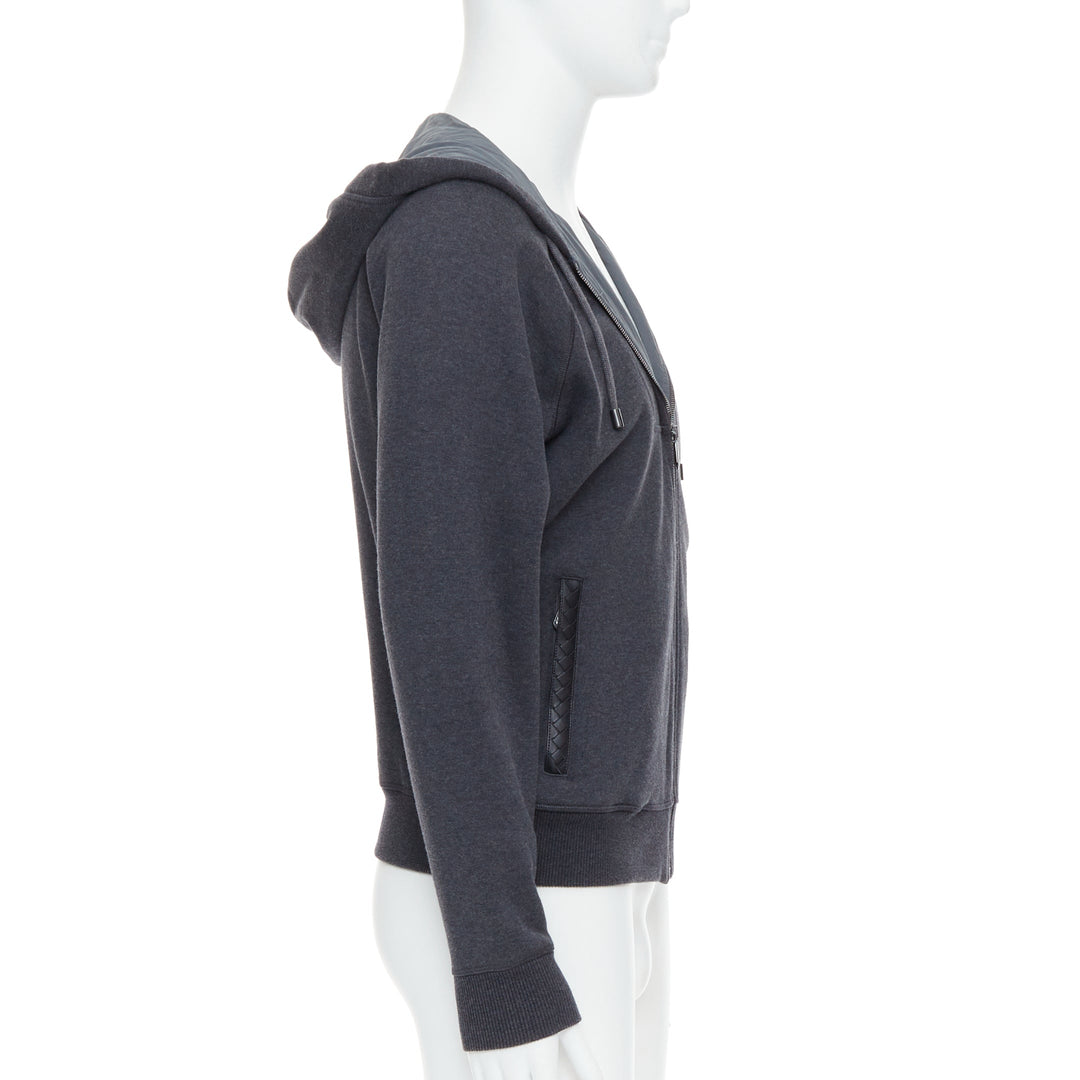 Male mannequin wearing Bottega Veneta Grey Cotton Men Hoodies in Size IT46 | Available at JHROP