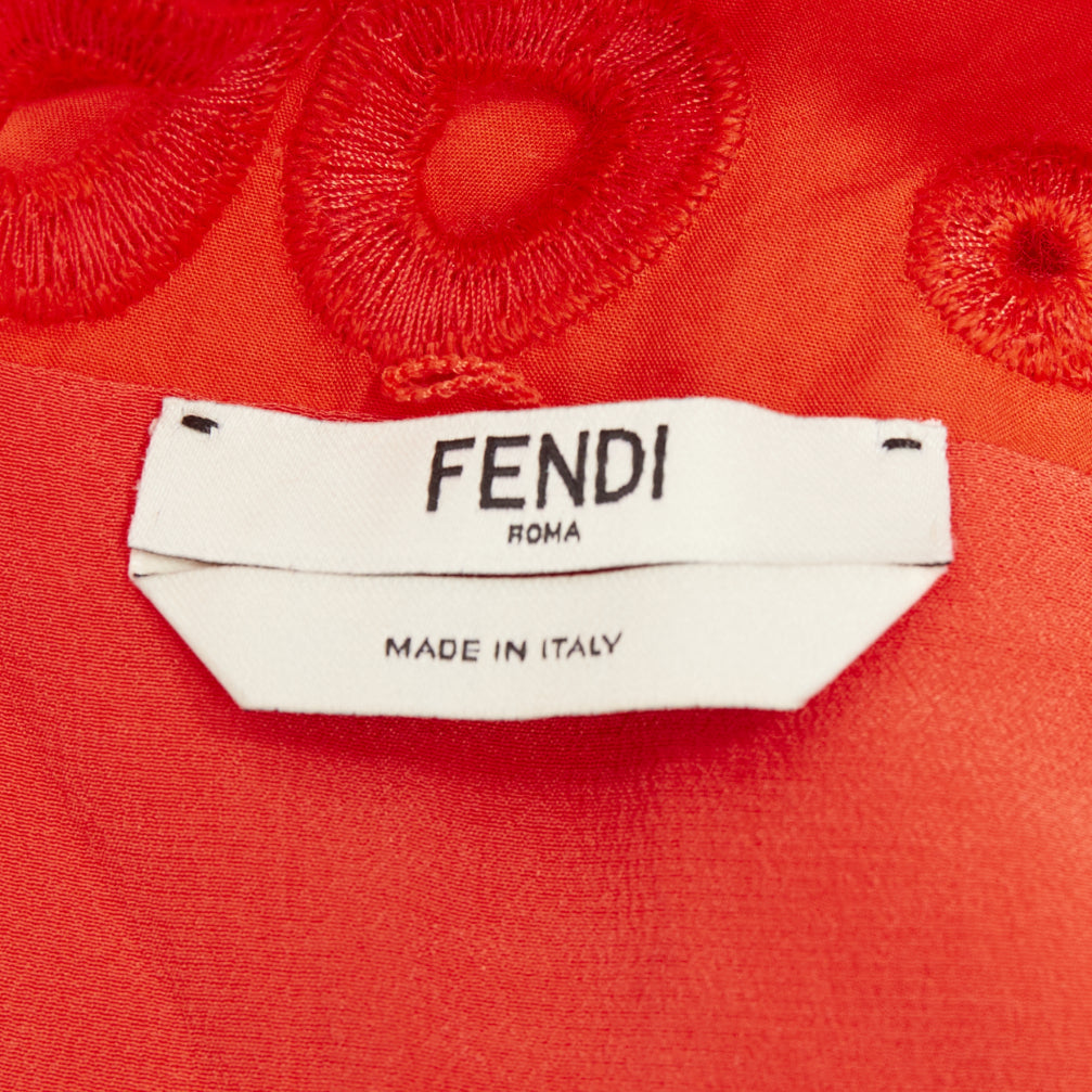 FENDI orange poplin embroidered eyelets ruched cap sleeve sundress