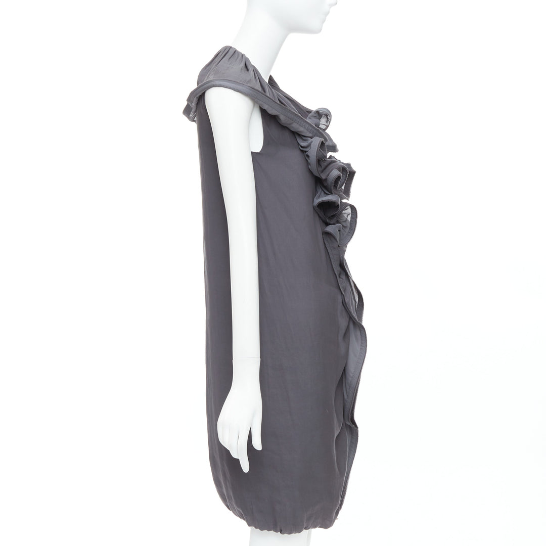 LANVIN 2008 grey silky trimmed ruffle collar V neck knee dress FR34 XS