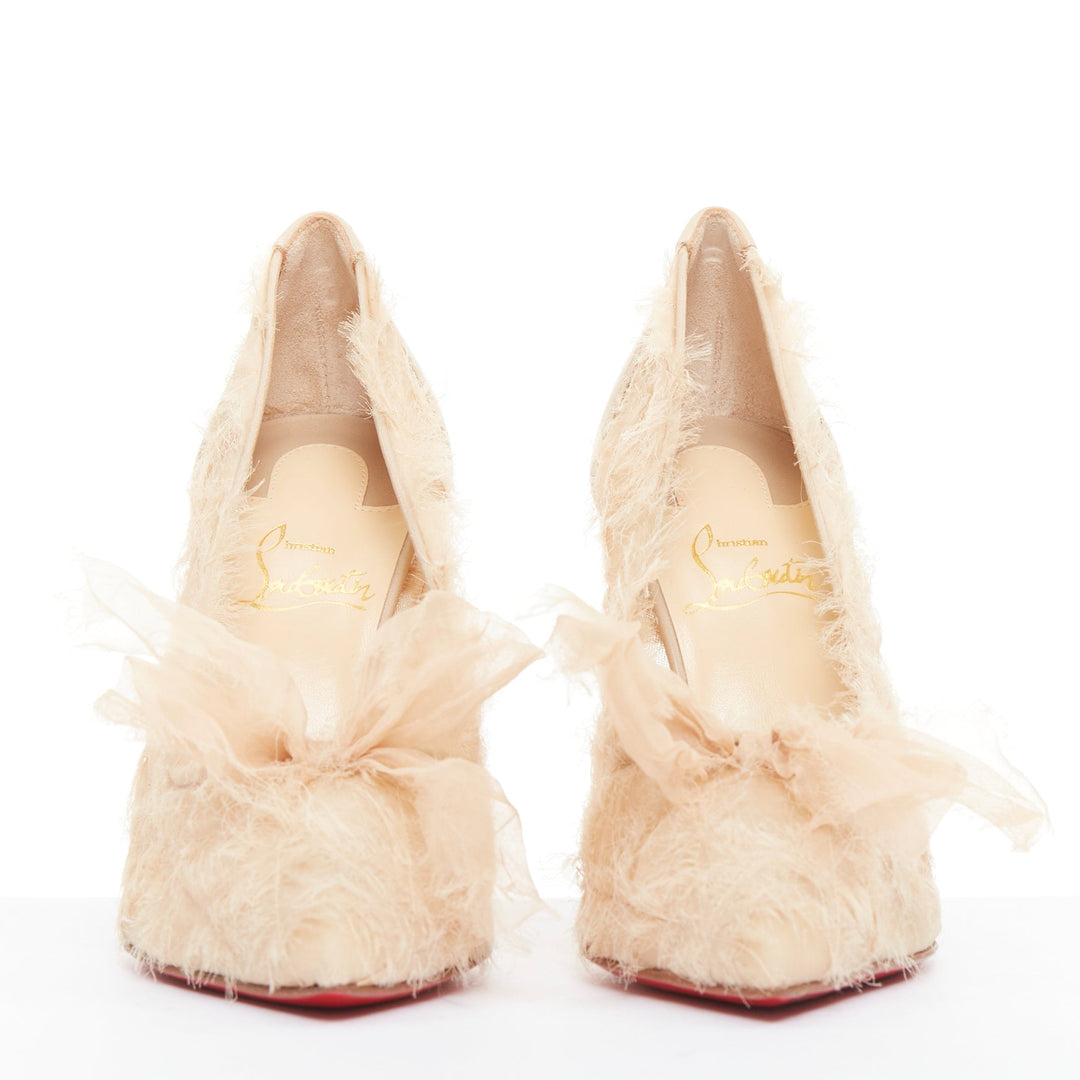 CHRISTIAN LOUBOUTIN Toufrou 100 Bridal nude frayed organza bow leather pump EU37