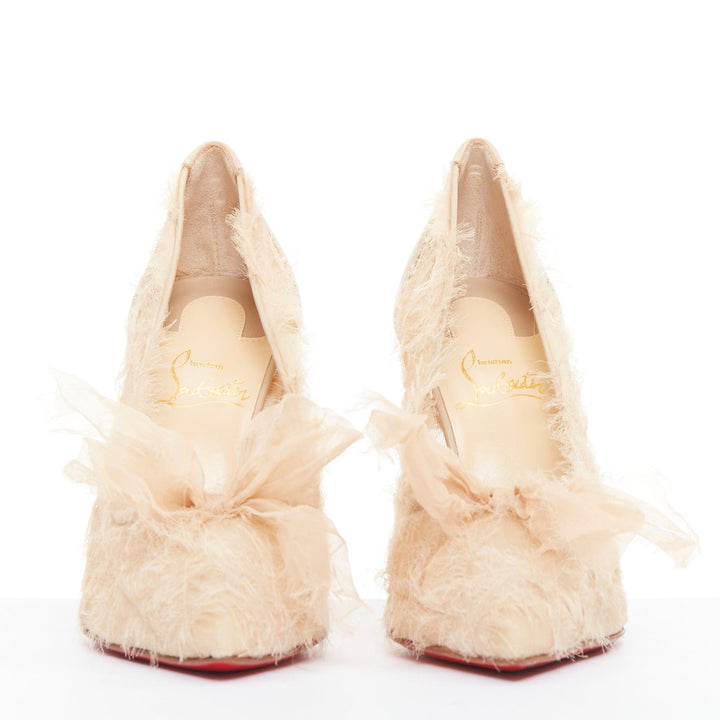 CHRISTIAN LOUBOUTIN Toufrou 100 Bridal nude frayed organza bow leather pump EU37