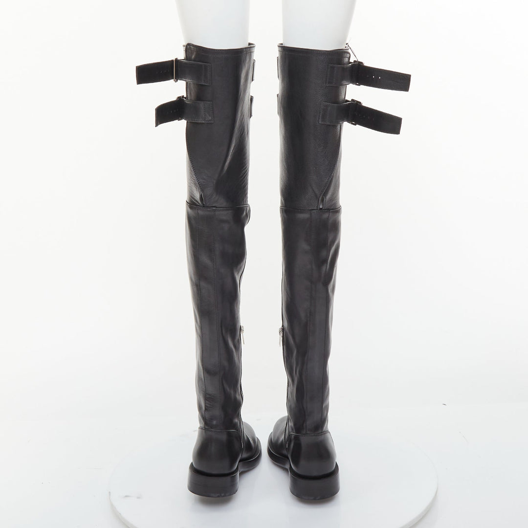 ANN DEMEULEMEESTER black leather silver multi buckles over the knee boots EU38