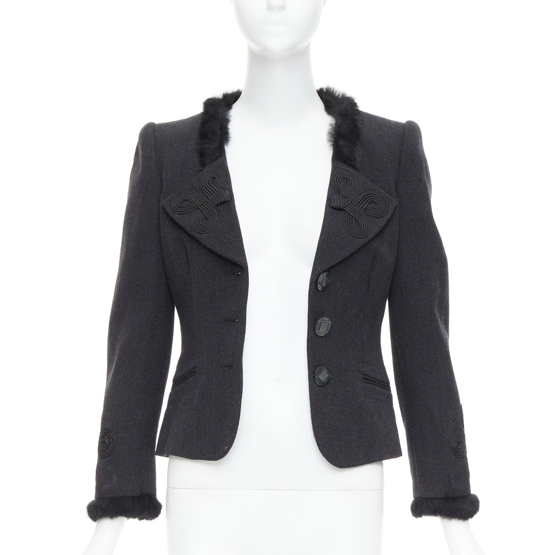 EMPORIO ARMANI grey virgin wool fur trim totem applique crop blazer IT42 M