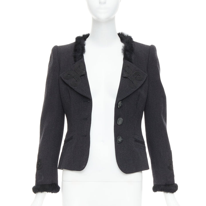 EMPORIO ARMANI grey virgin wool fur trim totem applique crop blazer IT42 M