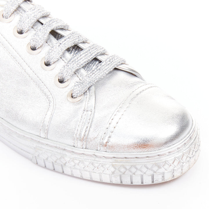CHANEL 2017 metallic silver leather glitter lace up low top sneakers EU38.5