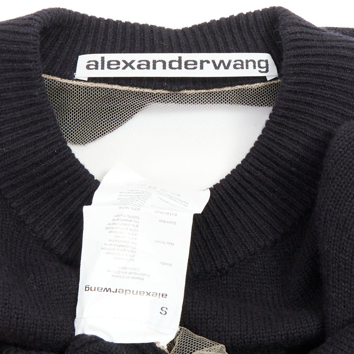 ALEXANDER WANG black wool blend nude sheer back crop sweater S