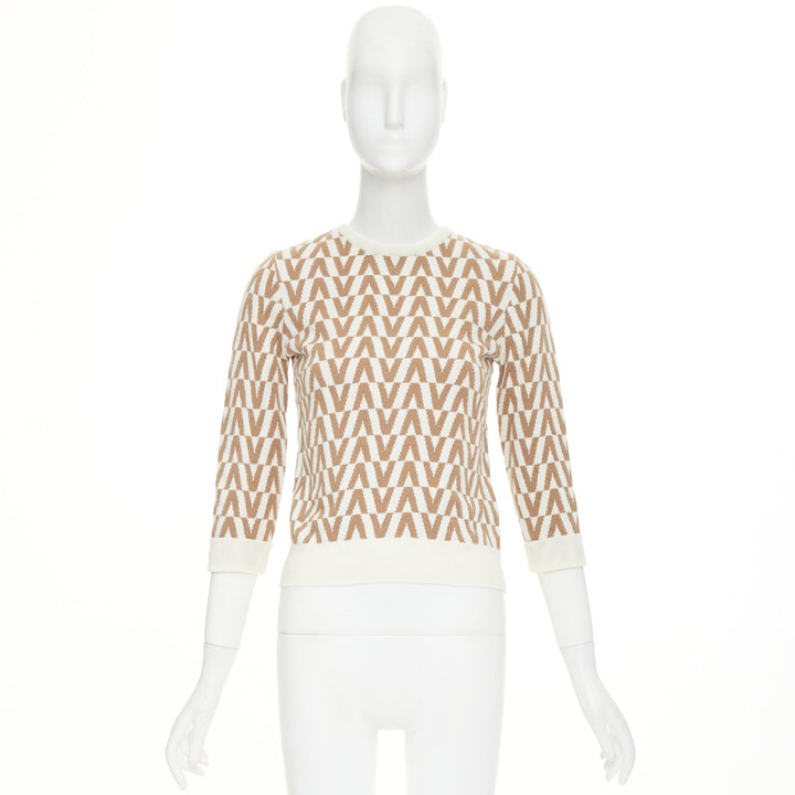 VALENTINO beige brown virgin wool cashmere V monogram knit pullover sweater S