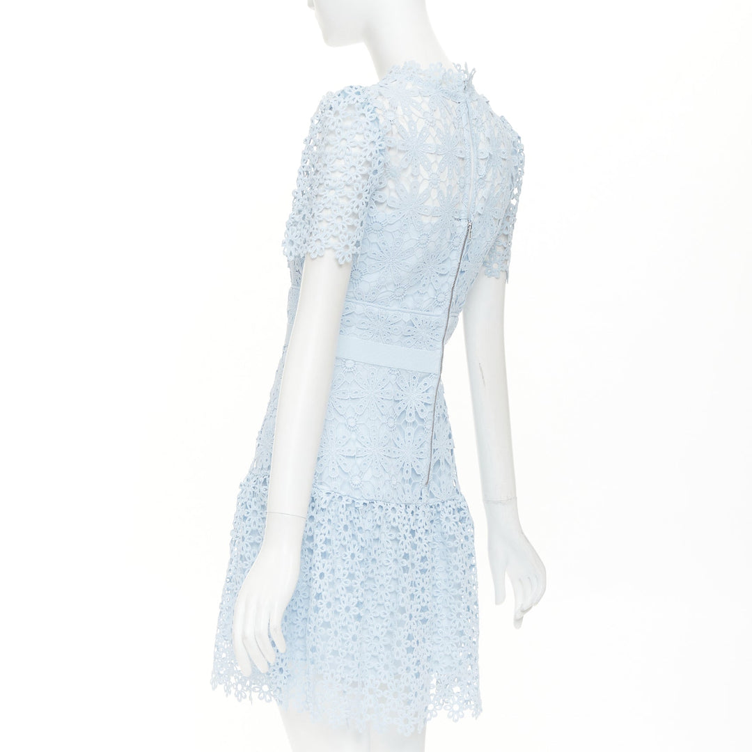 SELF PORTRAIT Geo Guipure Lace light blue grosgrain mock neck dress UK8 S