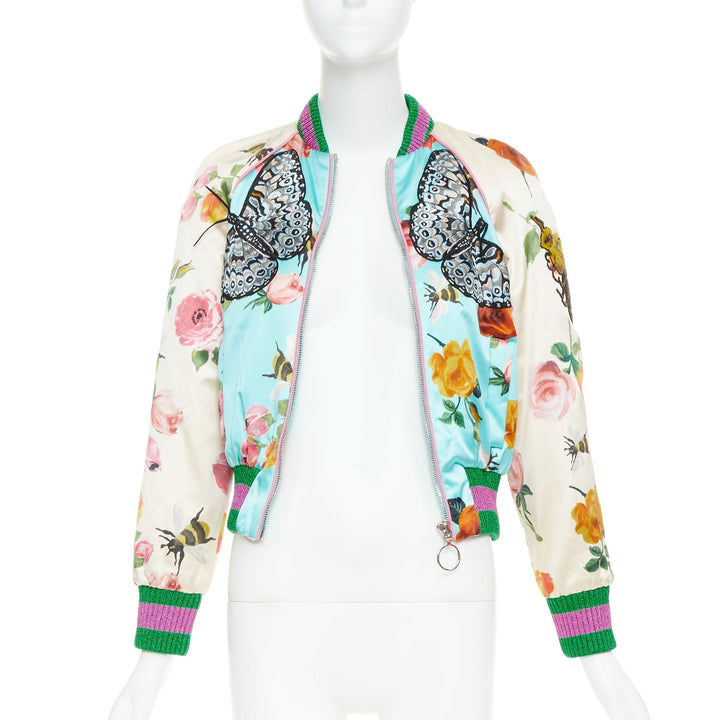 GUCCI 2016 Michele Runway blue silk butterfly bee embroidery bomber jacket IT40