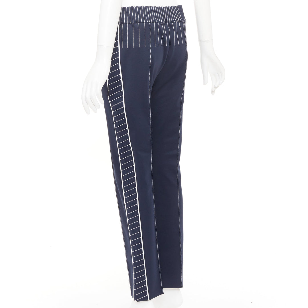 VALENTINO navy white striped topstitch pleated front cropped track pants IT38 XS