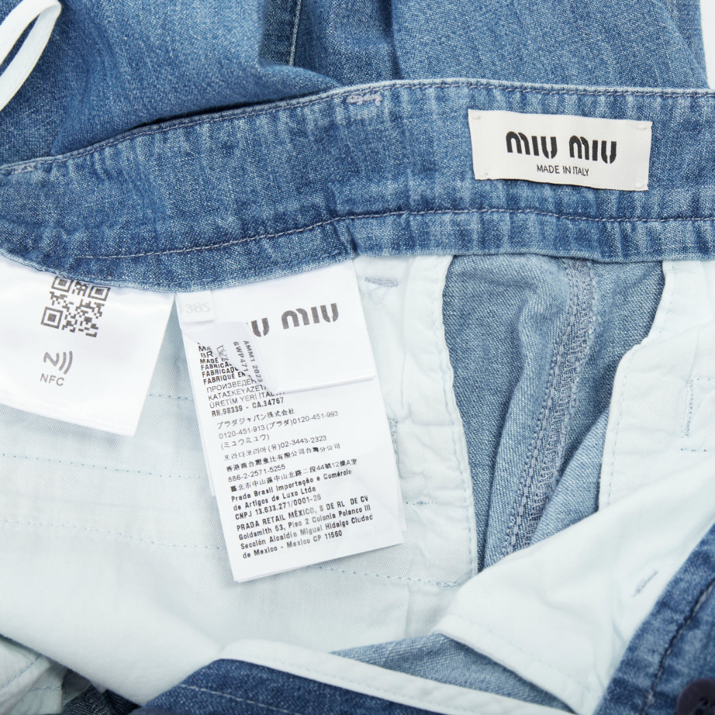 MIU MIU 2023 light blue washed cotton chambray pleated straight jeans IT38 XS