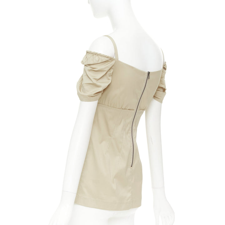 PRADA Vintage khaki cotton ruched bust empire waist bow off shoulder top IT38