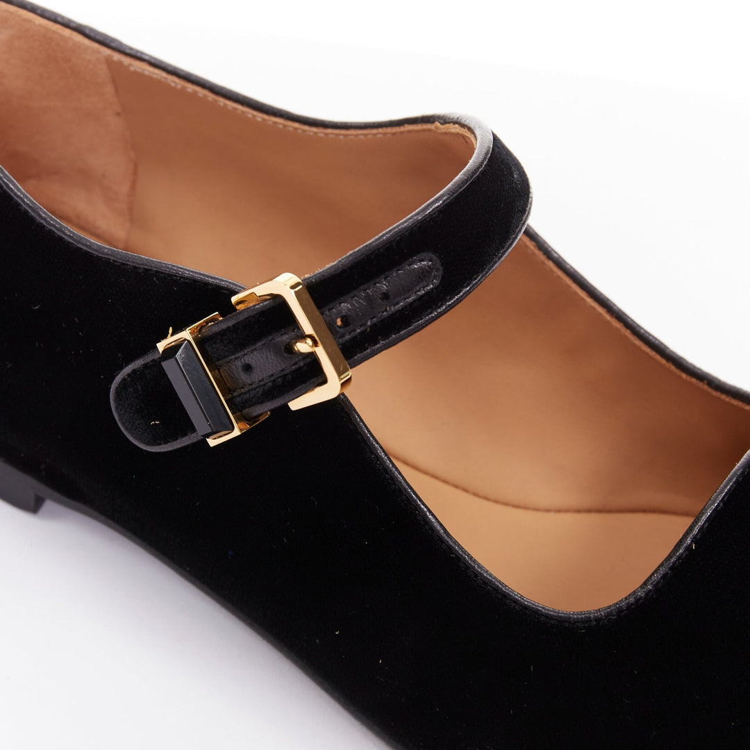 THE ROW Ava Mary Jane black velvet stone obsidian gold hardware flats EU37.5