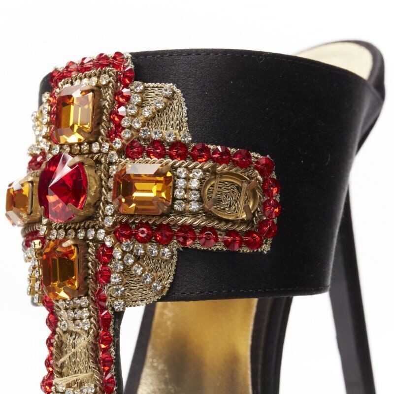 VERSACE 2018 Tribute Byzantine Cross Jewel crystal black satin sandals EU38