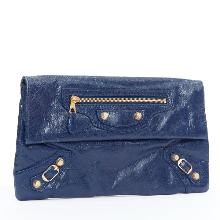 BALENCIAGA Giant 12 bleu mineral lambskin leather gold envelope clutch bag