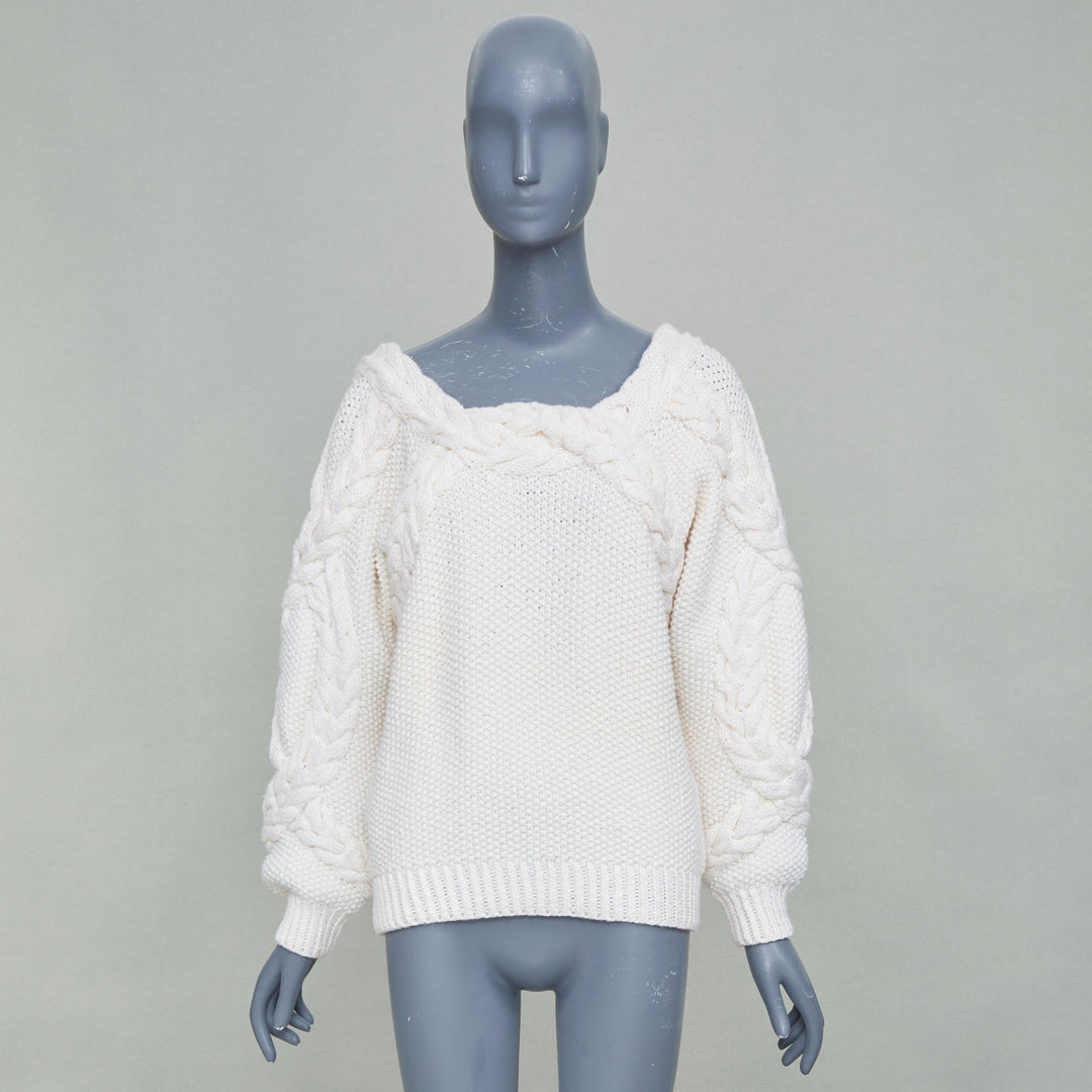 OSCAR DE LA RENTA R19 cream merino wool cable  low back sweater S