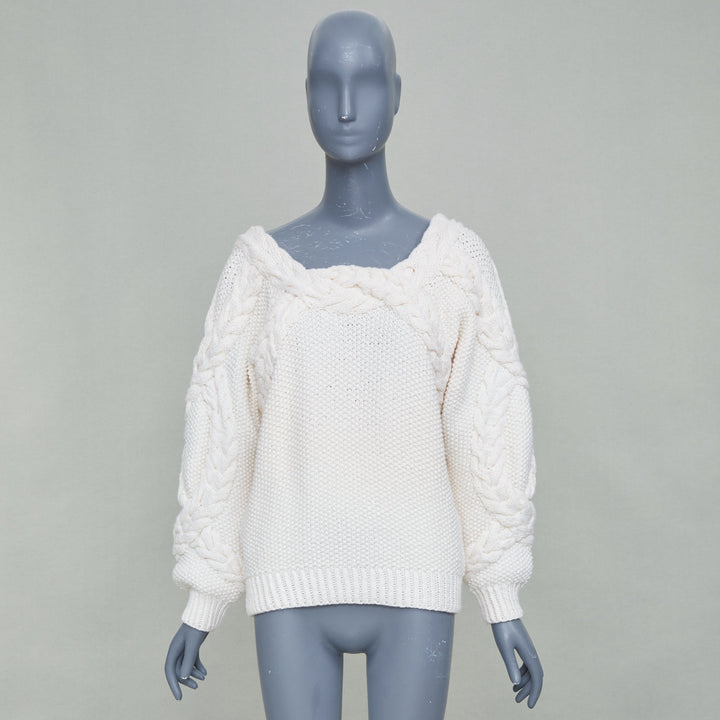 OSCAR DE LA RENTA R19 cream merino wool cable  low back sweater S