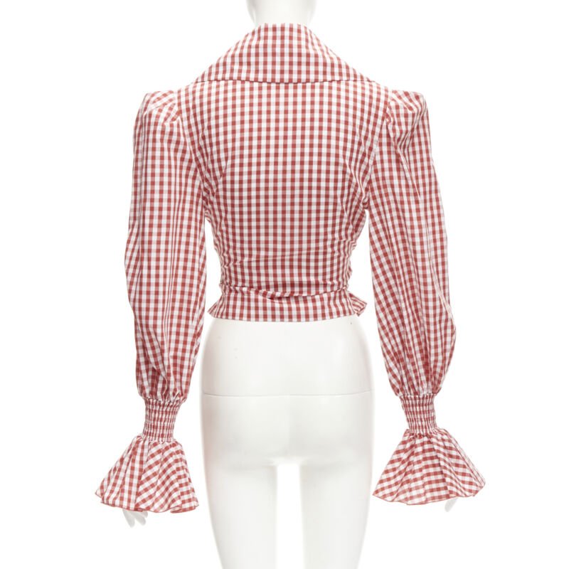 BALMAIN red white gingham cotton tie belt bishop sleeves cottage top FR34 XS