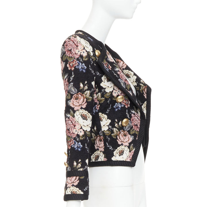 SAINT LAURENT 2017 floral jacquard tapestry gold crop officer jacket FR36 S