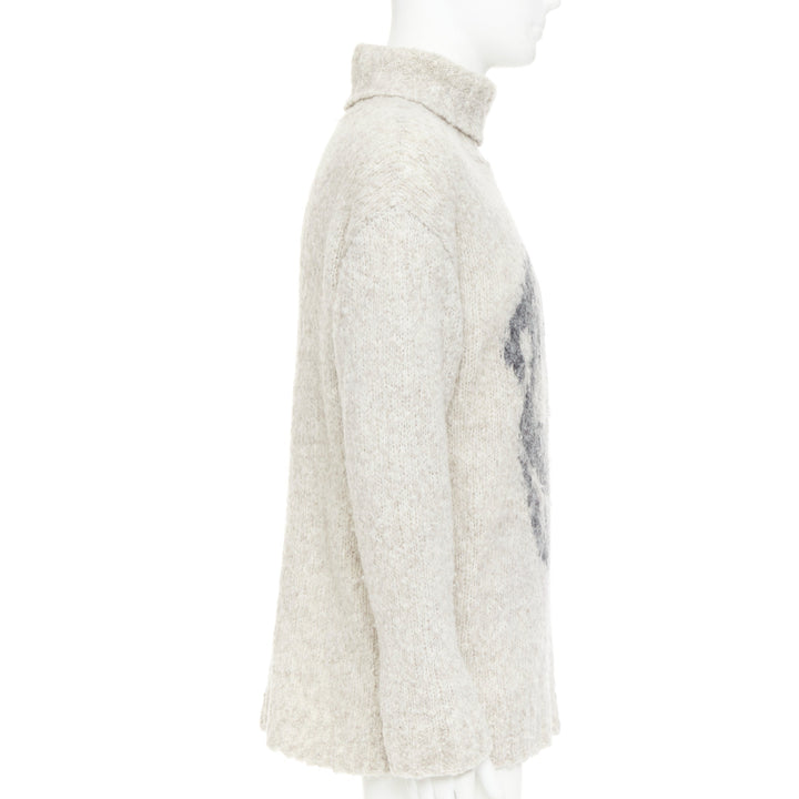 ALEXANDER MCQUEEN grey beige skull intarsia shaggy knit turtleneck sweater S