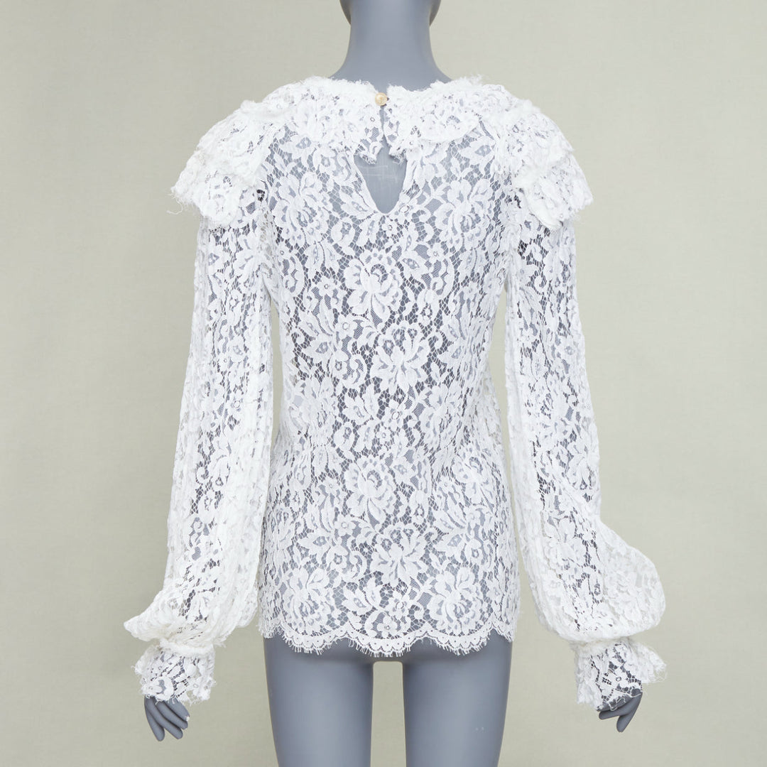 CHANEL 2017 Paris-Cosmopolite white open weave lace ruffle shirt blouse FR38 M