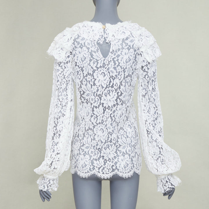 CHANEL 2017 Paris-Cosmopolite white open weave lace ruffle shirt blouse FR38 M