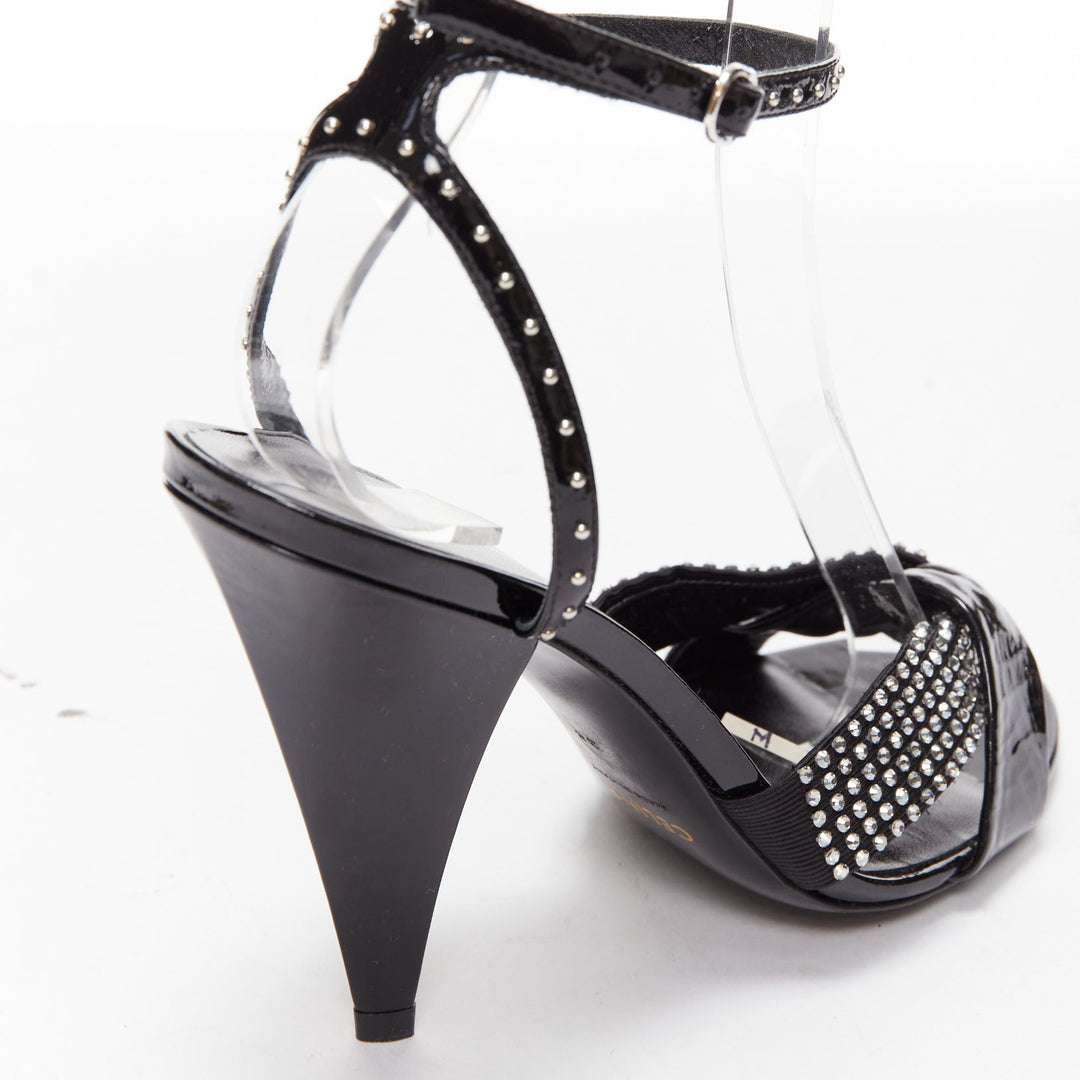 CELINE Hedi Slimane black patent leather silver crystals sandal heels EU38