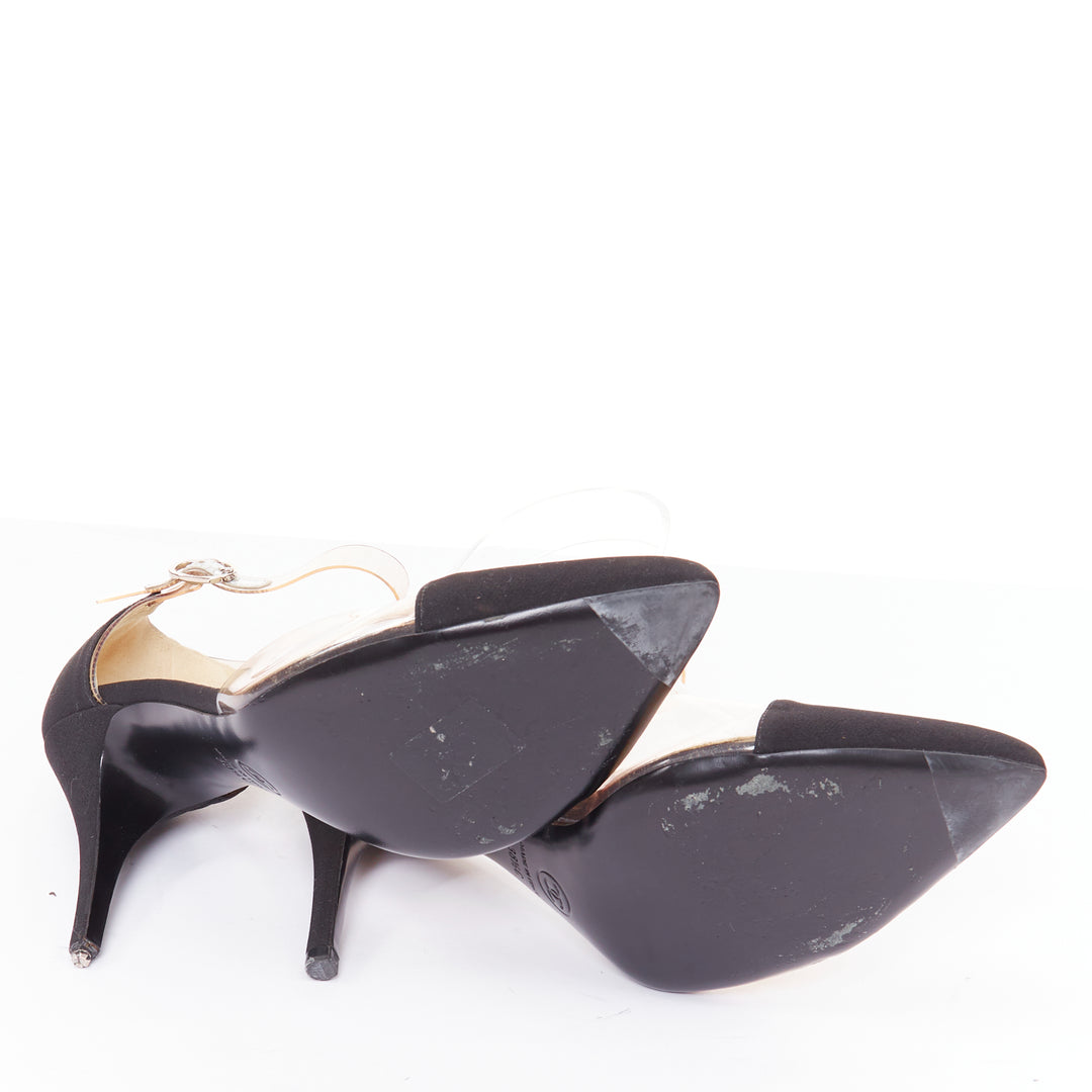 CHANEL 2013 Runway black satin clear PVC plexi CC logo cap toe pump EU38.5