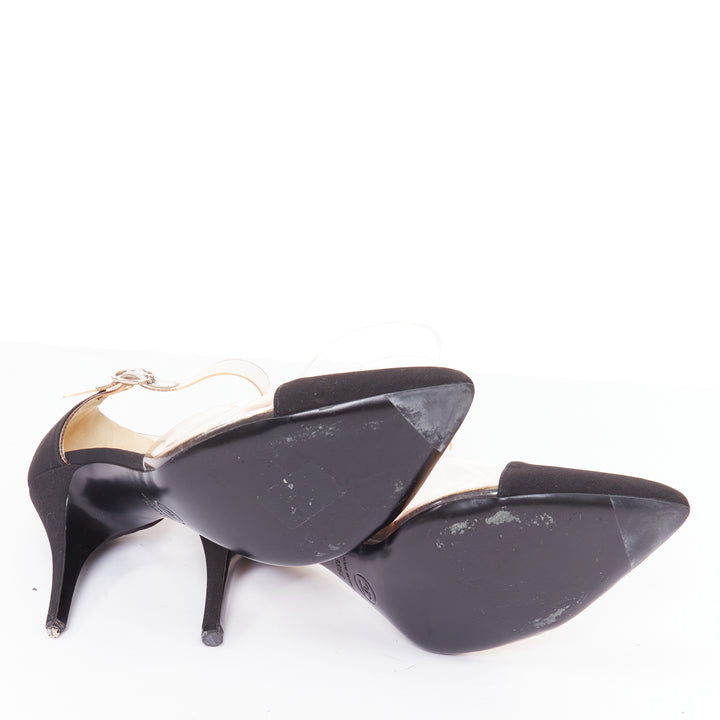CHANEL 2013 Runway black satin clear PVC plexi CC logo cap toe pump EU38.5