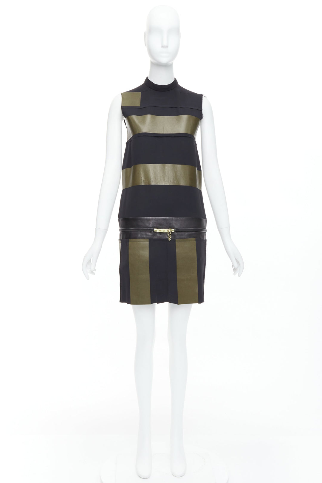 OLD CELINE Phoebe Philo khaki black leather silk stripe dress FR36 S