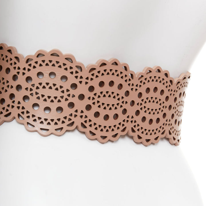 ALAIA nude leather  laser cut out scallop edge wide belt 65cm