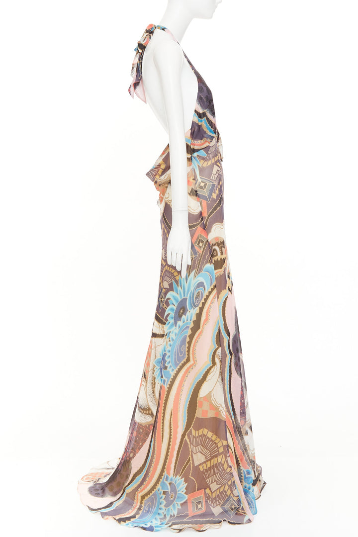 CHRISTIAN LACROIX Vintage abstract paisley print silk halter dress FR46 3XL