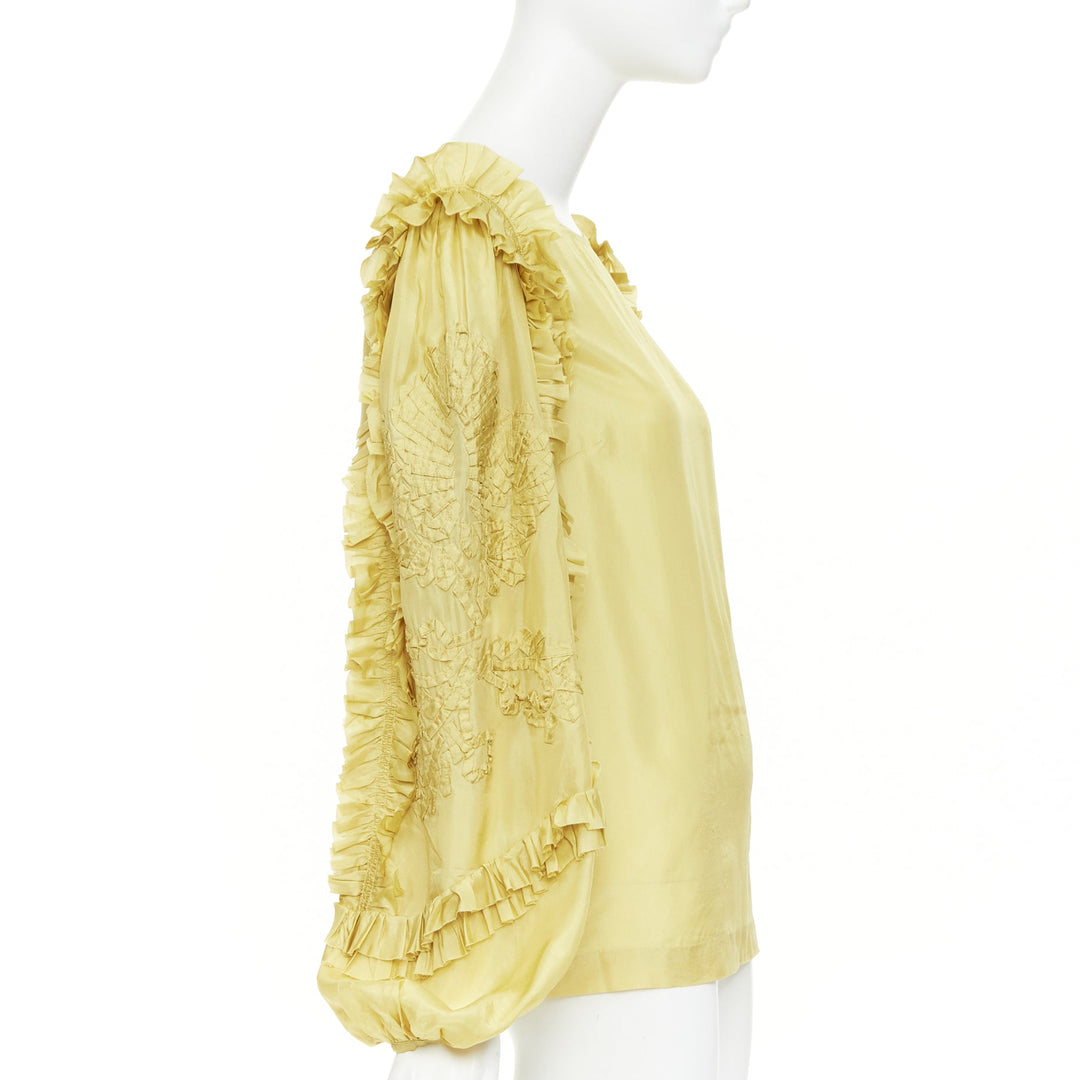 DRIES VAN NOTEN yellow 100% silk ruffle applique puff sleeve blouse FR38 M