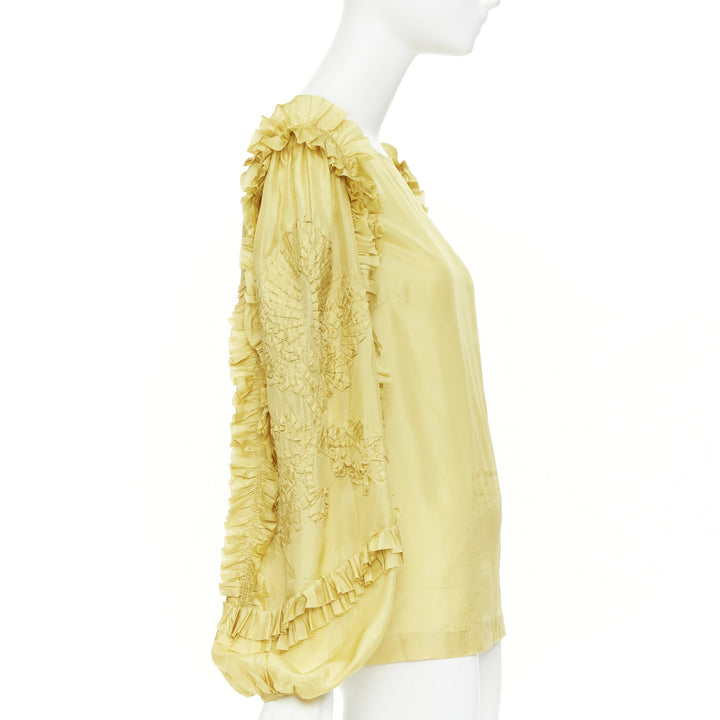DRIES VAN NOTEN yellow 100% silk ruffle applique puff sleeve blouse FR38 M