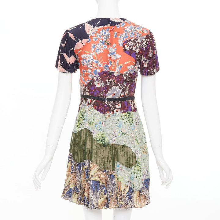 VALENTINO multicolor graphic print leather trim pleated lace insert dress IT40 S