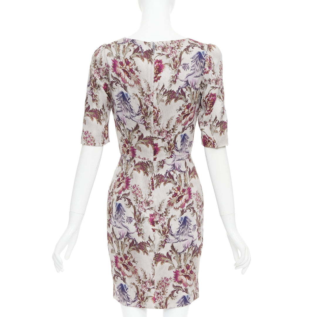 DOLCE GABBANA purple grey silk Barocco flower print sheath dress IT42 M