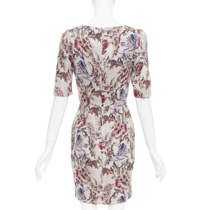 DOLCE GABBANA purple grey silk Barocco flower print sheath dress IT42 M