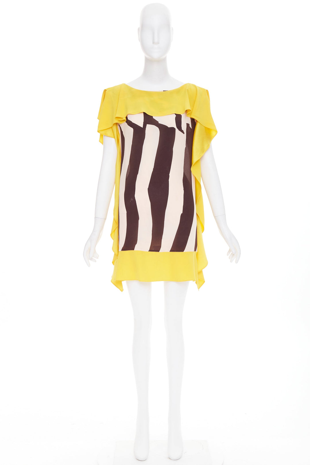 ESCADA Vintage abstract print yellow brown cream ruffle silk mini dress FR40 M