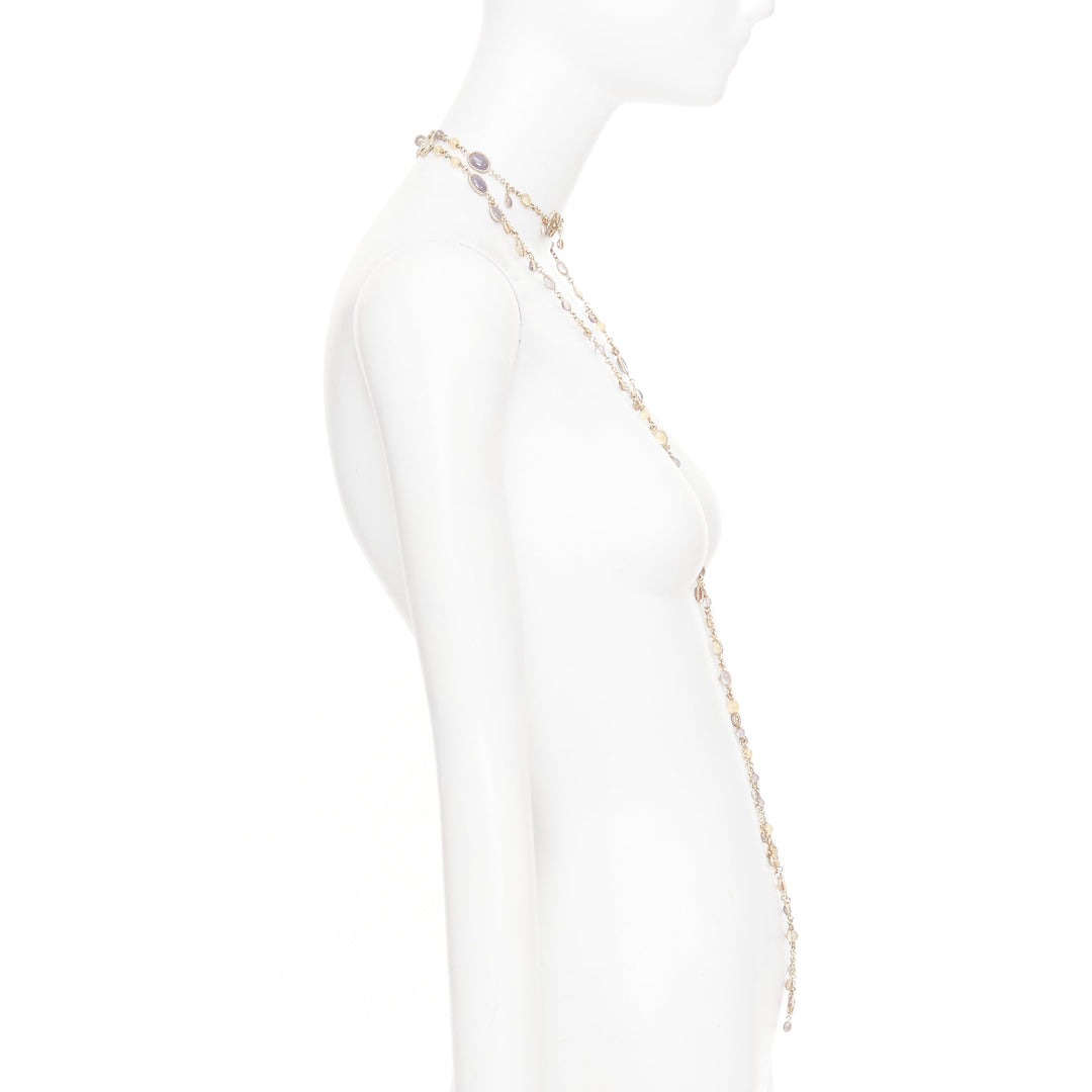 CHANEL B12C beige grey CC logo resin crystal gold chain sautoir long necklace
