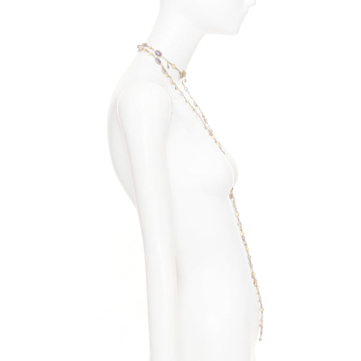 CHANEL B12C beige grey CC logo resin crystal gold chain sautoir long necklace