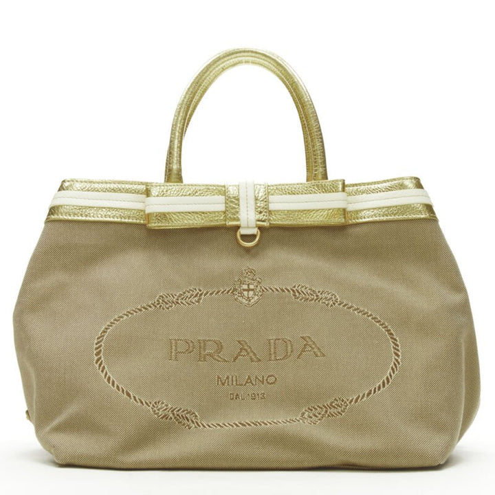 PRADA brown logo jacquard canvas metallic gold handle tote bag