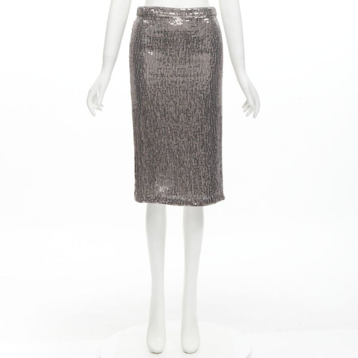 ALICE OLIVIA silver metallic sequins back slit knee length pencil skirt US0 XS