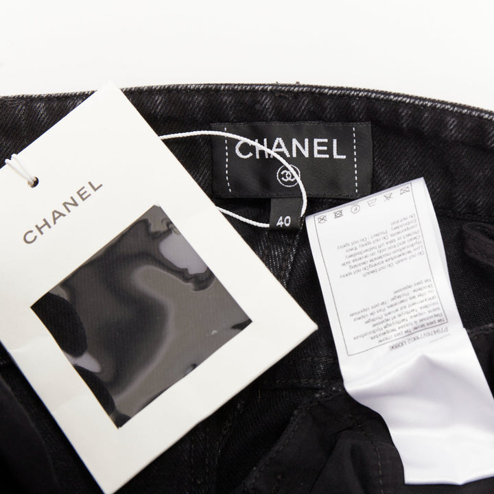 CHANEL 2025 Runway black washed denim sequin fringe wide leg jeans FR40 L