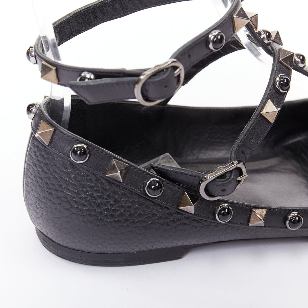 VALENTINO Rockstud black calf mixed stone stud caged ballet flats EU37.5