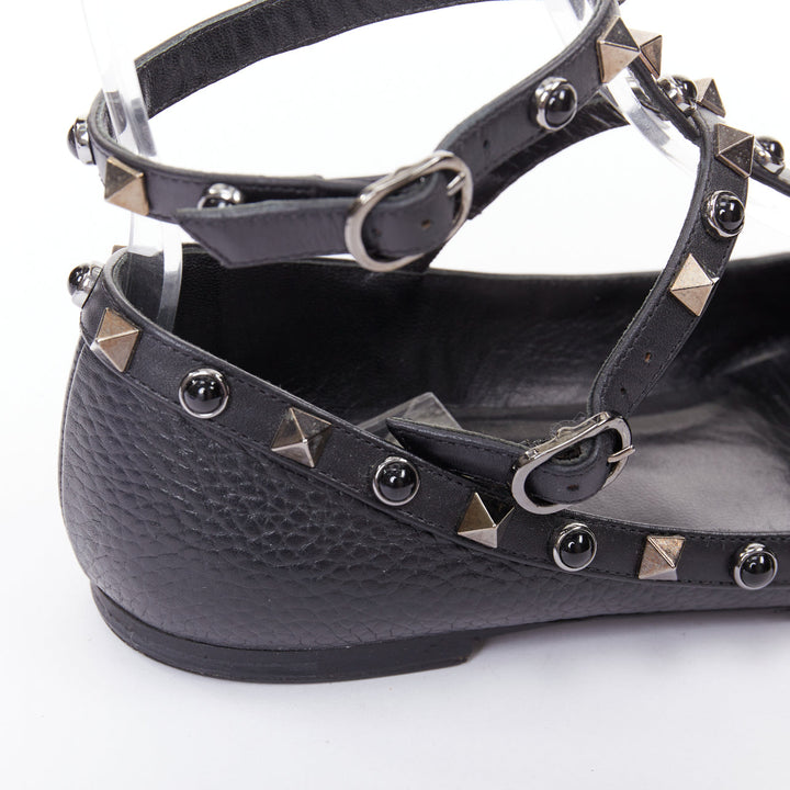VALENTINO Rockstud black calf mixed stone stud caged ballet flats EU37.5