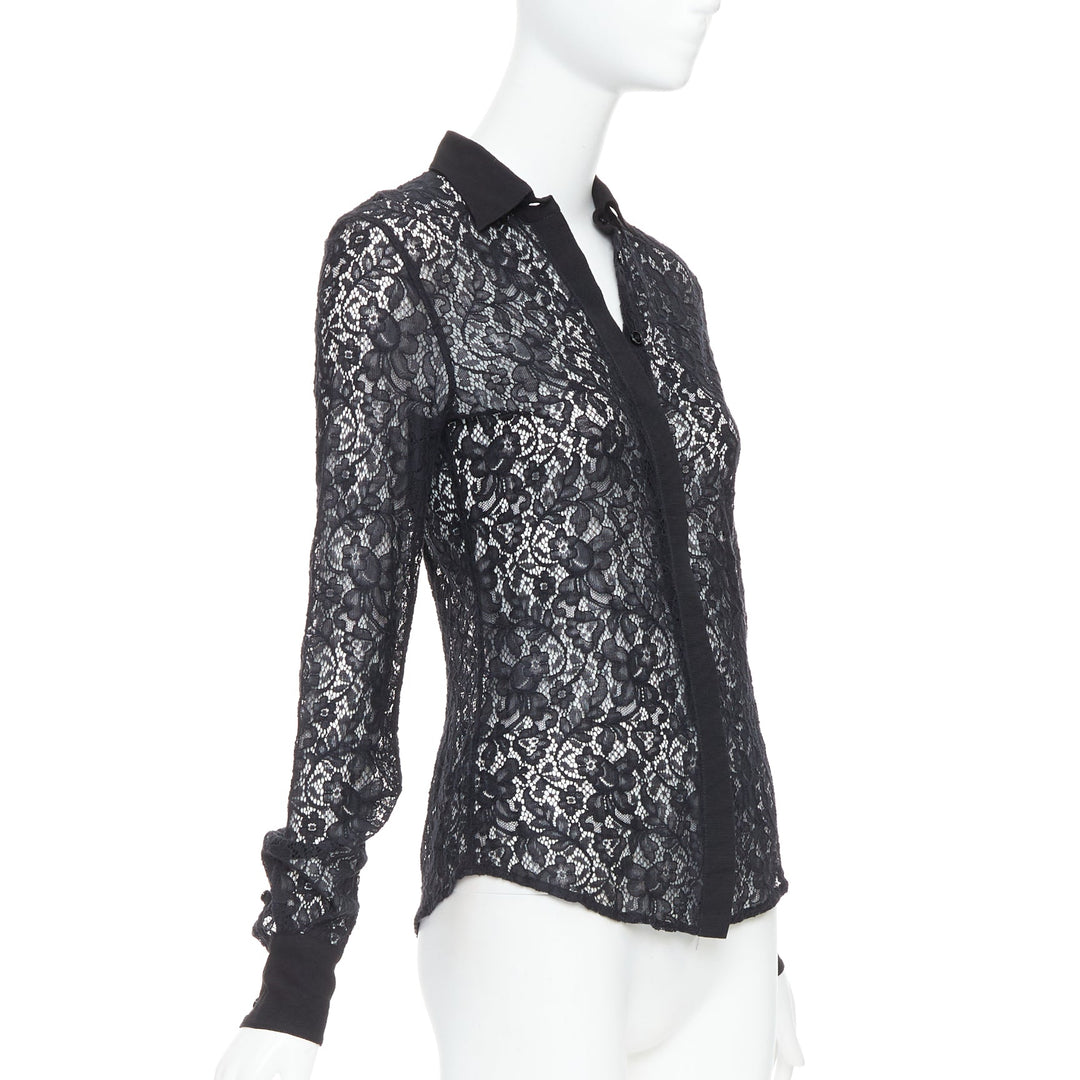 D&G DOLCE GABBANA Vintage black cotton silk floral lace sheer shirt IT38 XS